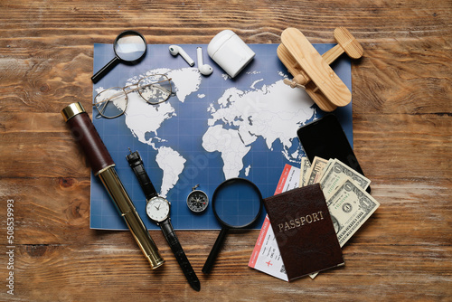Guide's belongings with wor...