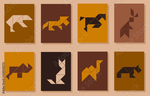 Set of tangram posters with different animals
