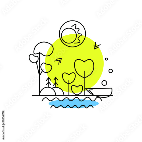 Nature vector outline. Trees produce oxygen. The sun shines with love.The boat is waiting for travelers.  Birds fly and sing. The water sparkles in the sun. Natural flora and fauna. For digital, print