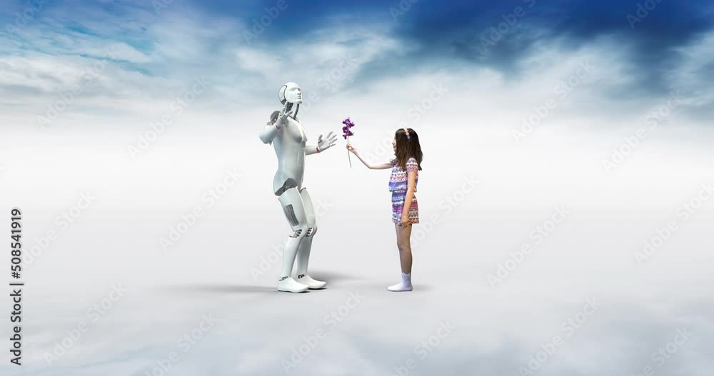 Small Happy Girl Offering Flower To A Robot. Robot Is Happy Now! Technology And People Related 3D Concept. Small Happy Girl Offering Flower To A Robot. Robot Is Happy Now! Technology And People Related 3D Concept.