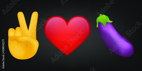 Peace Love and Eggplant Illustration Emoji Design. Motivational Quote Emoticon Vector Symbol.