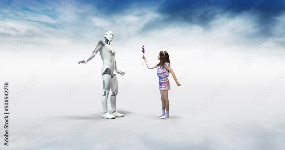 Shy AI Robot Is Happy. Small Girl Giving Him A Flower. Technology And People Related 3D Concept. Shy AI Robot Is Happy. Small Girl Giving Him A Flower. Technology And People Related 3D Concept.