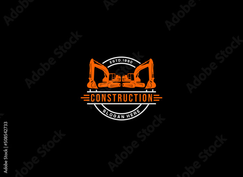 logo for construction with heavy equipment illustration on black background