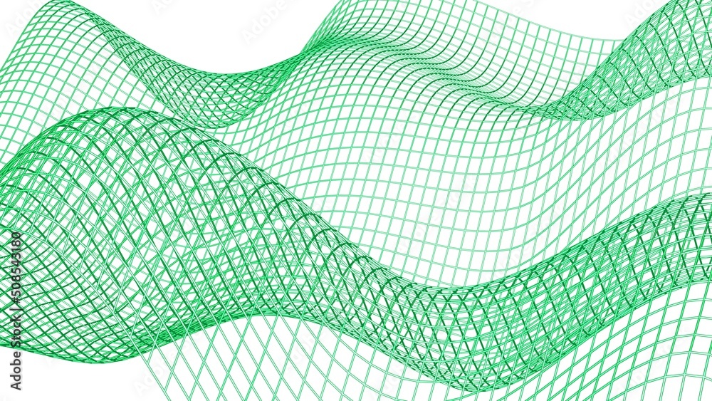 Fototapeta premium Green illuminated Mathematical Geometric Abstract Wave Grid under White Background Wall Paper. Architectural Sculpture. 3D illustration. 3D high quality rendering. 3D CG.