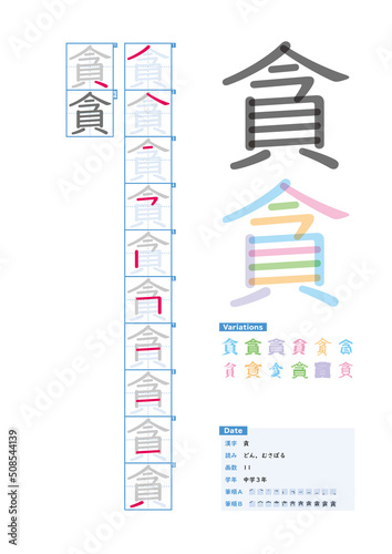 Foto 書き順_中学3年_貪（どん、むさぼる）_Stroke order of Japanese Kanji