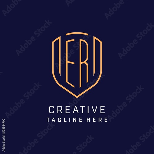 Letter ER monogram logo shield shape with luxury monoline style