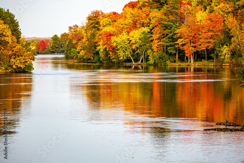 Colorful autumn trees reflecting off of the Wisconsin River in Merrill, Wisconsin photo