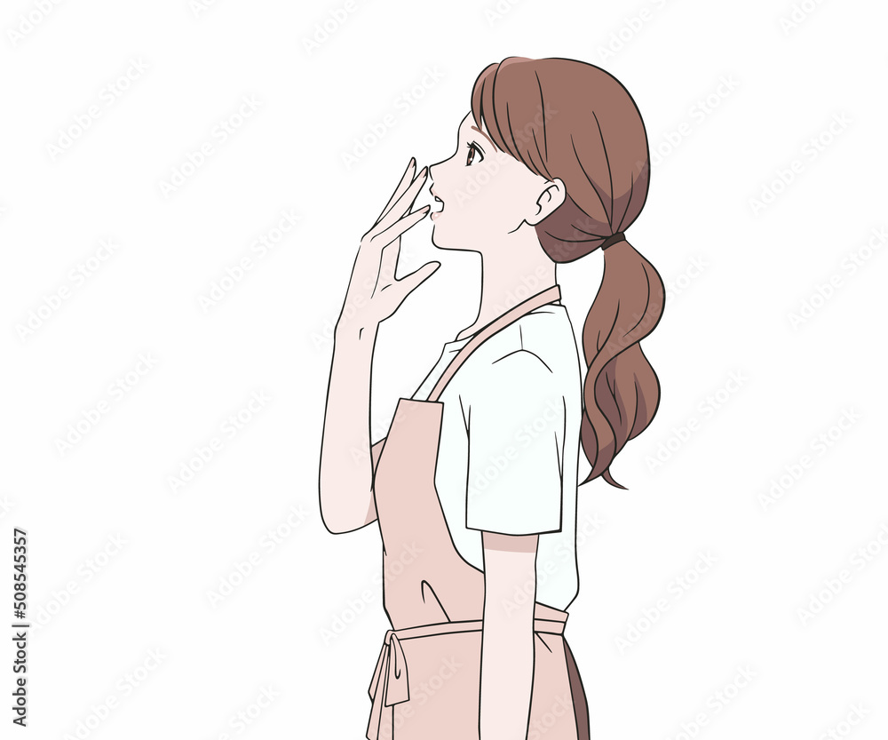 驚く横を向いたエプロン姿の女性 驚く横を向いたエプロン姿の女性