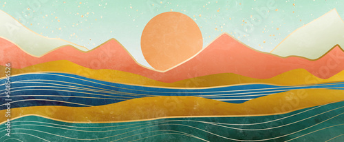 Abstract landscape art background with mountains, hills and sea waves with golden lines. Watercolor banner in modern style for decoration, interior design, wallpaper, print, packaging