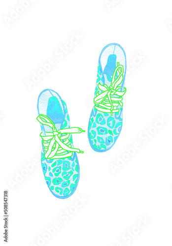 fashionable designer leopard print boots with laces. watercolor fashion illustration