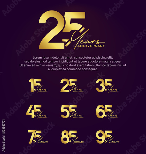 set anniversary golden color logotype style with hand lettering on purple background