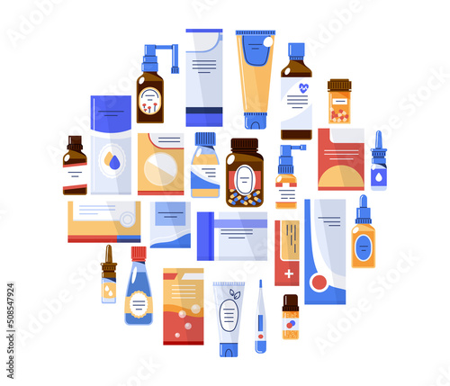 Pharmaceutical drugs in circle.Different medications.Vector flat illustration