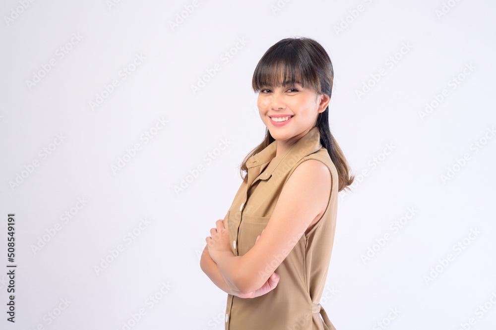 Portrait of young beautiful Woman smiling on white background Portrait of young beautiful Woman smiling on white background