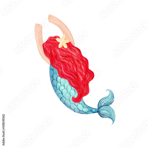 Beautiful mermaid with red hair on a white background. Hand-drawn watercolor illustration