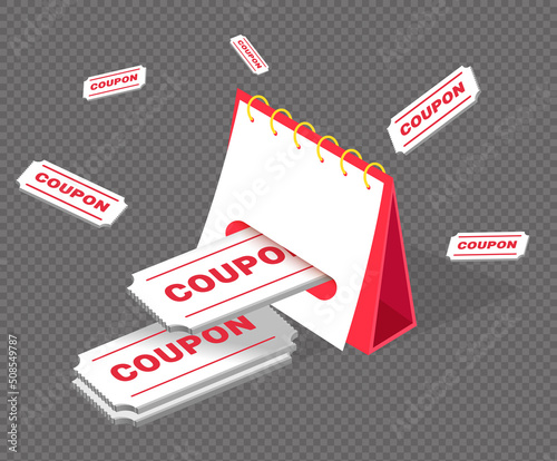 The calendar gives out coupons for events illustration set. Notebook, web, tickets, discount, Voucher. Vector drawing. Hand drawn style.