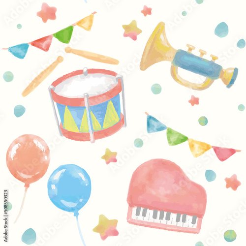 水彩イラスト、子供のおもちゃのシームレスパターン。ベクターイラスト素材。