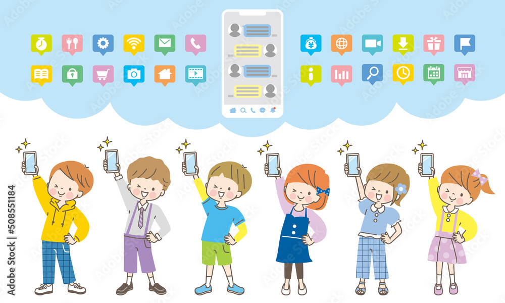 スマホの画面を見せる子ども達の表情セット スマホの画面を見せる子ども達の表情セット