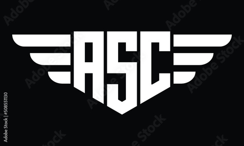 ASC three letter logo, creative wings shape logo design vector template. letter mark, wordmark, monogram symbol on black & white.