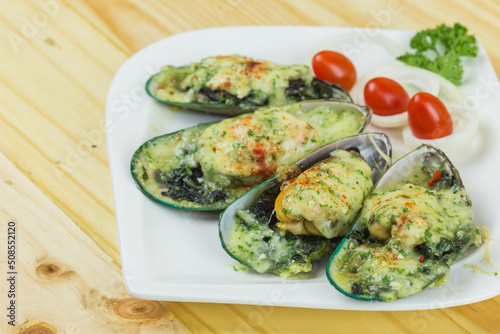 New Zealand mussels baked with cheese