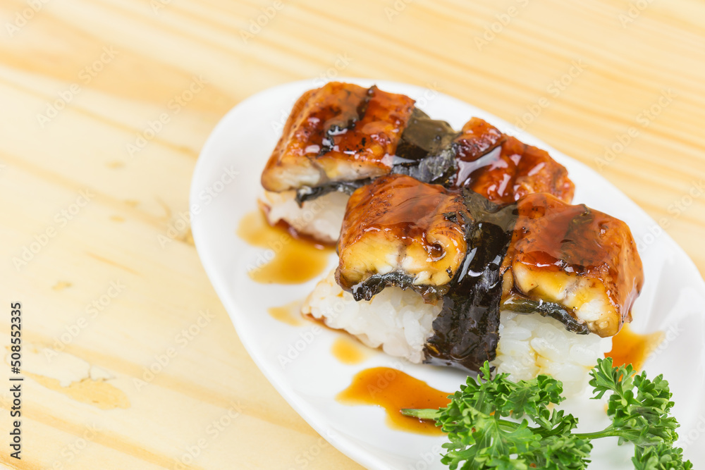 Unagi sushi set or Eel sushi, Japanese food style.(Anago sushi)