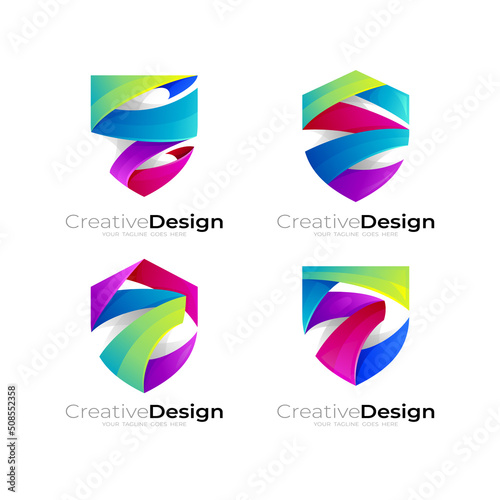 Set shield logo with 3d colorful security icon template