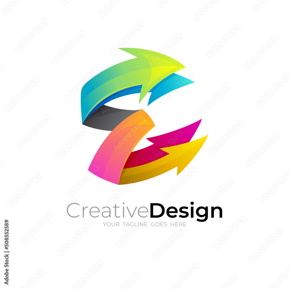 Symbol E logo and arrow design combination, 3d style, letter E Symbol E logo and arrow design combination, 3d style, letter E