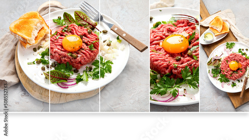 Collage of beef steak tartare.