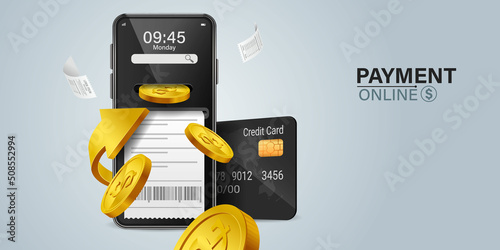 Mobile wallet online on blue background concept of spending money online through internet .Coin drop in smartphone.concept of designing an online wallet through smartphone.online payment on mobile.