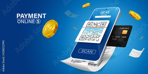 Scan Qr code and pay with mobile phone.
Mobile scan QR code pay bill on top of invoice on blue background.
Convenient and fast mobile bill payment concept.online transactions, payment,with application photo
