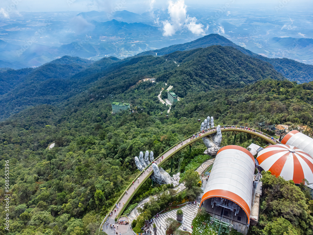 Aerial View Of Da Nang Ba Na Hills With Golden Bridge, Helios Waterfall 