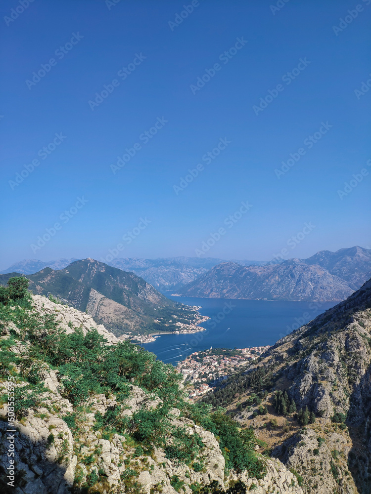 View from above on Kotor bay with sea and mountains in Kotor, Montenegro