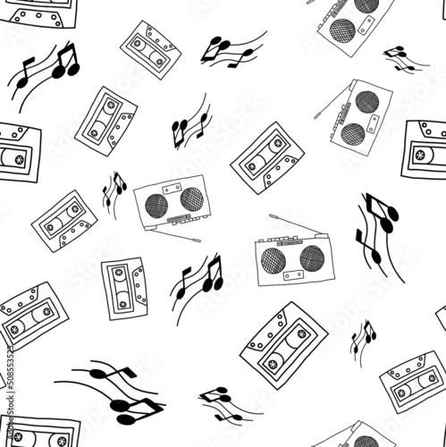 black and white pattern of a radio recorder with cassettes and notes in the style of a doodle.