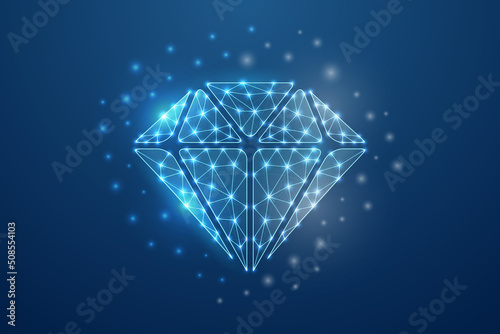 Diamond 3d symbol in blue low poly style. Brilliant, gem, luxury design concept vector illustration. Jewelry polygonal wireframe.
