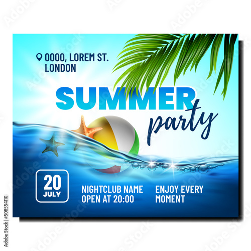 Beach Summer Party Creative Promo Banner Vector. Seashore Music Summer Party On Ocean Coastline, Ball And Sea Star In Water On Advertising Poster. Style Concept Template Realistic 3d Illustration photo