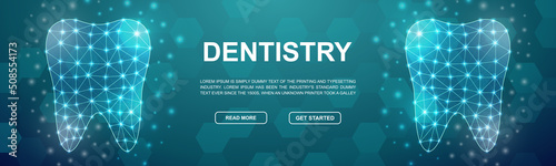 Tooth polygonal symbol for head promotion banner. Horizontal low poly poster illustration. Dentistry design template illustration concept.