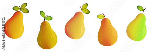 3d set of pearls. Five ripe fruits isolated on white. Collection of different varieties of pears with green leaves. Plant food, sweet, juicy dessert, healthy nutrition and vitamin. Vector illustration