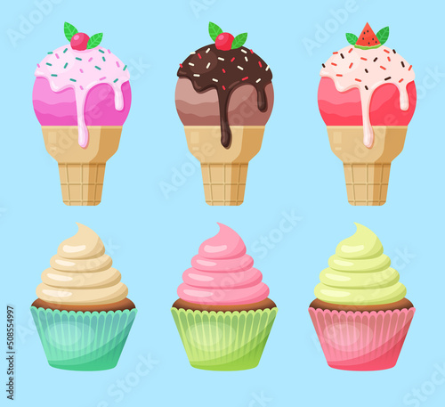 set of cartoon sweets muffins and ice cream with cream, icing, sprinkles, chocolate in crispy faffle cup. Holiday desserts.