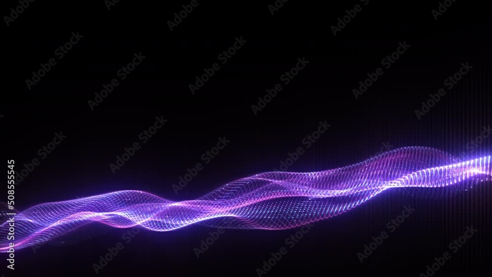 Abstract seamless loop of mesh glowing neon blue pink dots digital luxurious sparkling wave particles flow on black background for technology background.Motion of digital data flow.big data background