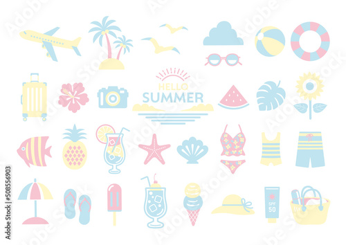 かわいい夏のイラスト素材セット /  夏　海　旅行　アイコン　セット