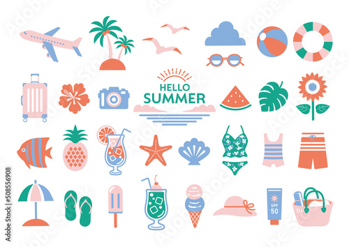 かわいい夏のイラスト素材セット /  夏　海　旅行　アイコン　セット