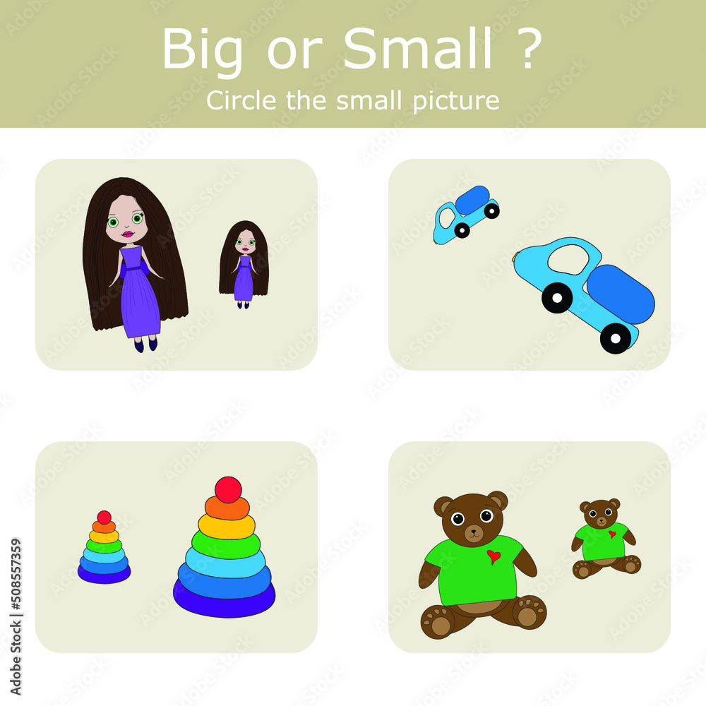 Sort  toys into large and small. An example of the opposite word antonym for a child