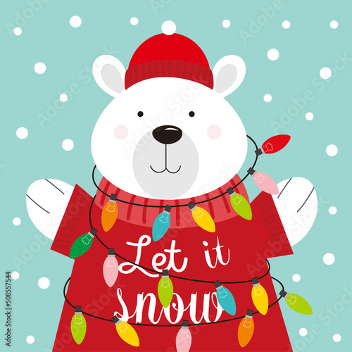 christmas greeting card with polar bear and lights