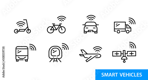 Smart modes of transportation. Wireless connection and self-driving vehicles. Pixel perfect, editable stroke line art icons set