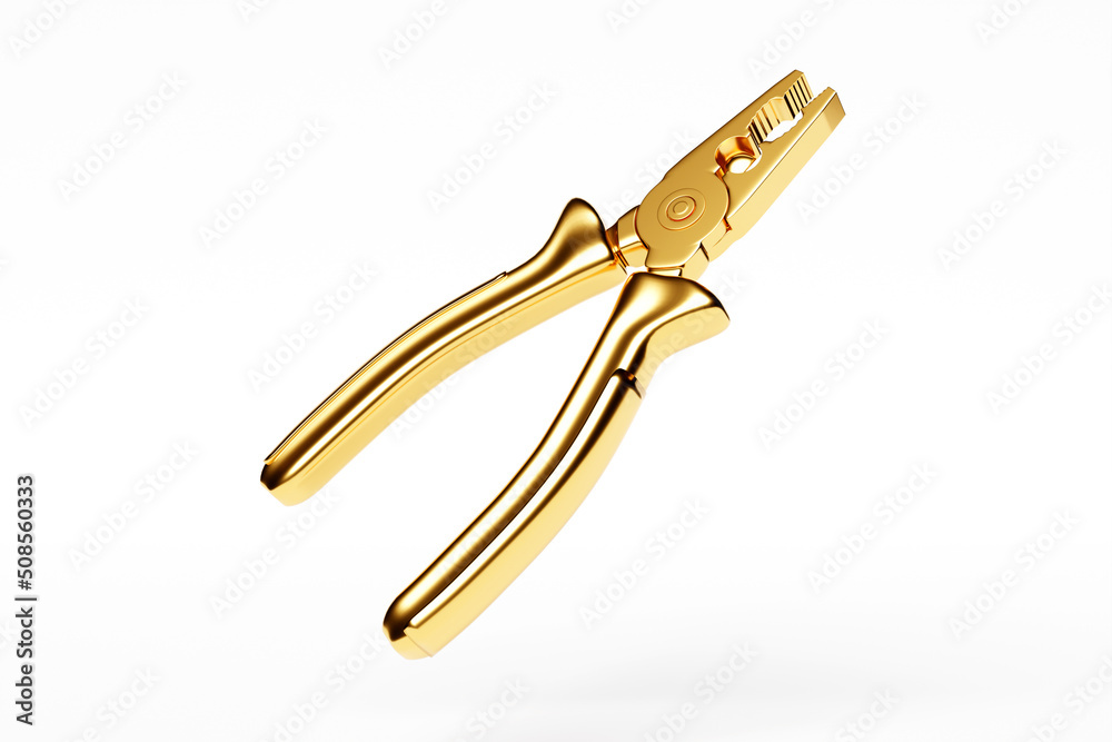 3D illustration of a golden pliers hand tool isolated on a white monocrome background. 3D render and illustration of repair and installation tool 3D illustration of a golden pliers hand tool isolated on a white monocrome background. 3D render and illustration of repair and installation tool