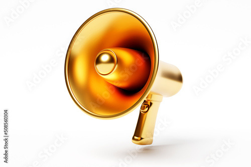 Golden megaphone loudspeaker, realistic 3d illustration. Modern isolated megaphone loudspeaker with buzzer and handle, lifeguard emergency signal and speakerphone for announcements