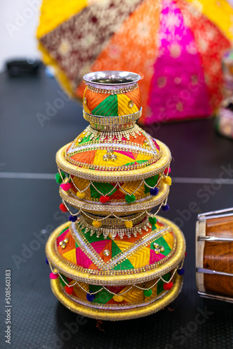 Indian Punjabi pre wedding Jago ceremony traditional decorations and ritual items