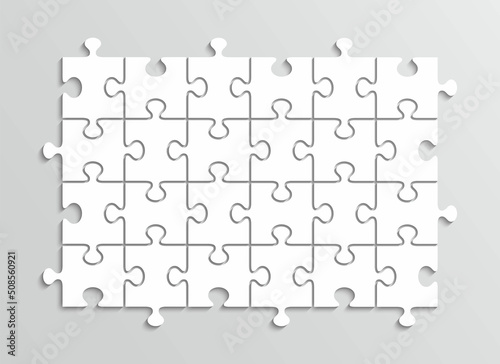 Puzzle template. Jigsaw outline grid pieces. Thinking game with 24 separate shapes. Simple mosaic layout. Modern puzzle background. Laser cut frame. Vector illustration.