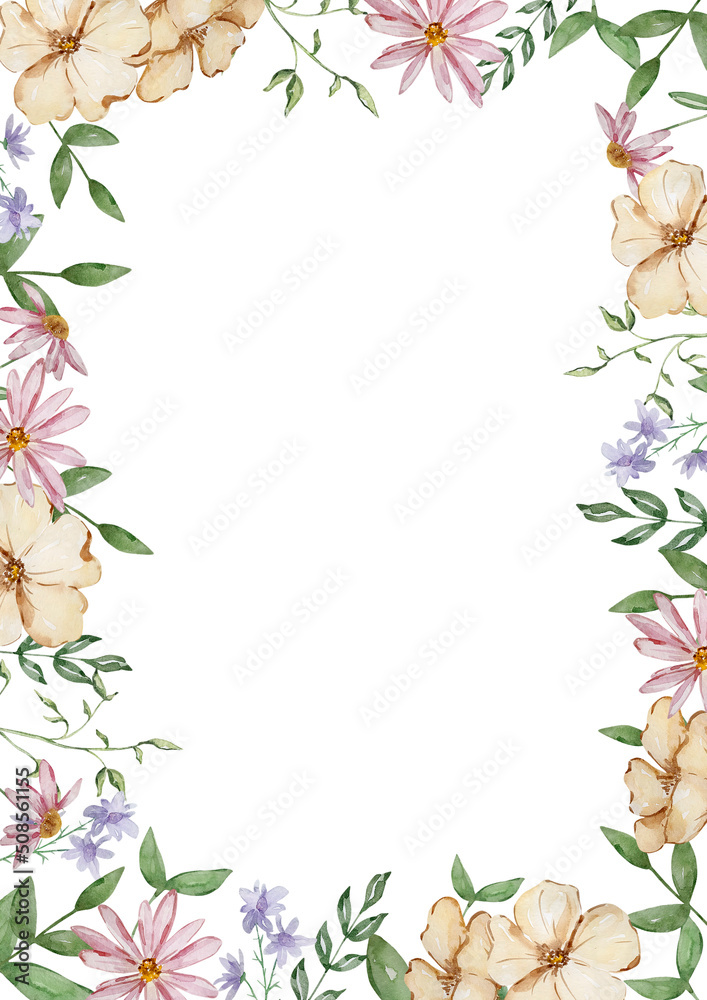 Naklejka premium Watercolor rectangular frame of garden flowers