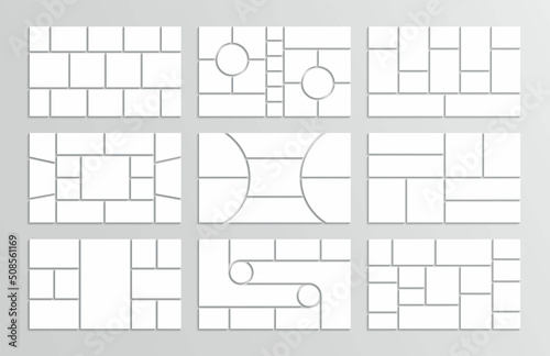 Frame images grid. Collage layout. Moodboard template. Photo mood board. Mosaic pictures. Set album brandboards. Gallery banner. Presentation background. Organised portfolio. Vector illustration
