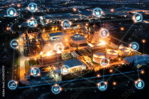 4.0 advanced industrial concept The industry has cyber icons and internet applications. Industrial equipment in factories with icons, networking, Internet of things and smart factory solutions.